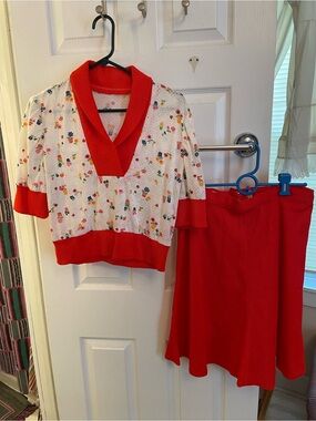 Two-Piece Vintage 70s Red Trim Knit Top and Skirt Set